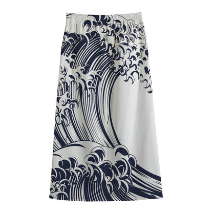 Japanese Kanagawa Wave Print Cotton Front Slit Maxi Skirt