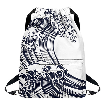 Japanese Kanagawa Wave Print Drawstring Backpack