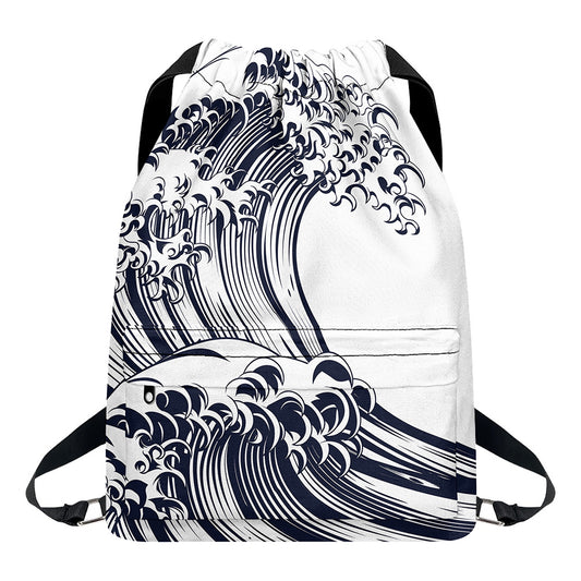 Japanese Kanagawa Wave Print Drawstring Backpack