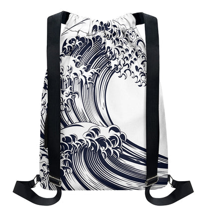 Japanese Kanagawa Wave Print Drawstring Backpack