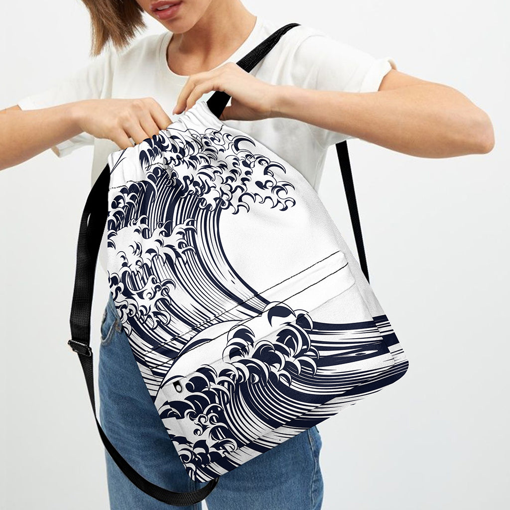 Japanese Kanagawa Wave Print Drawstring Backpack