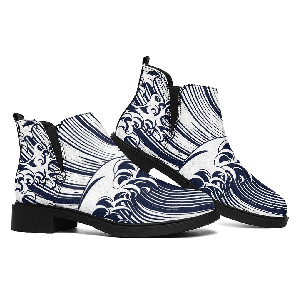 Japanese Kanagawa Wave Print Flat Ankle Boots