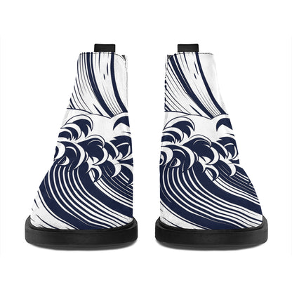 Japanese Kanagawa Wave Print Flat Ankle Boots
