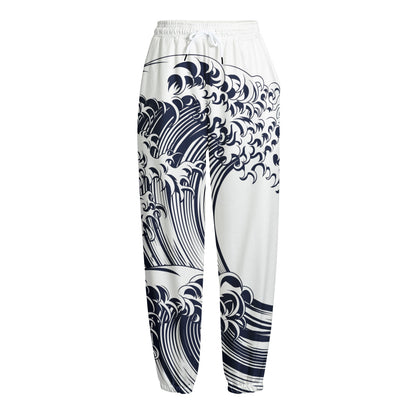 Japanese Kanagawa Wave Print Fleece Lined Knit Pants