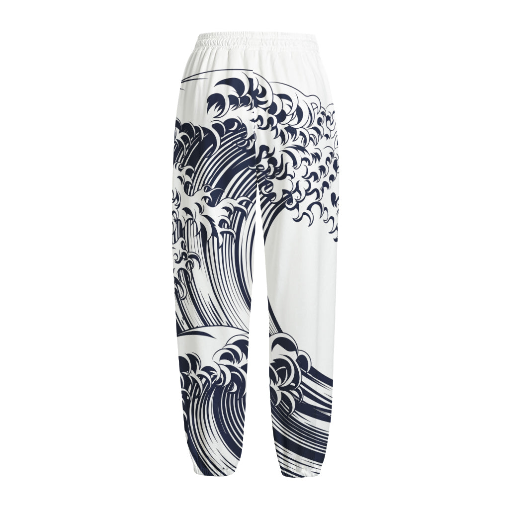 Japanese Kanagawa Wave Print Fleece Lined Knit Pants