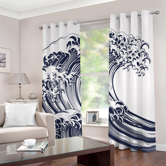 Japanese Kanagawa Wave Print Grommet Curtains