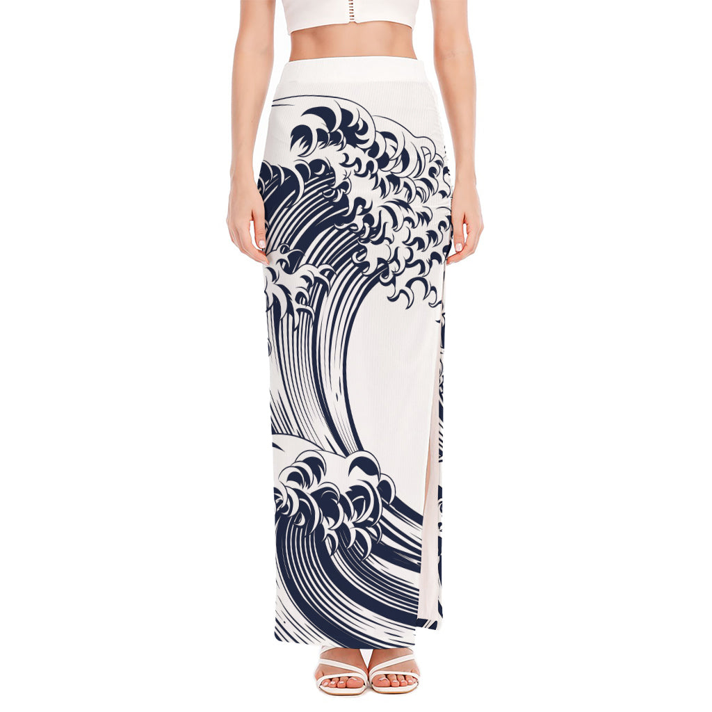 Japanese Kanagawa Wave Print High Slit Maxi Skirt