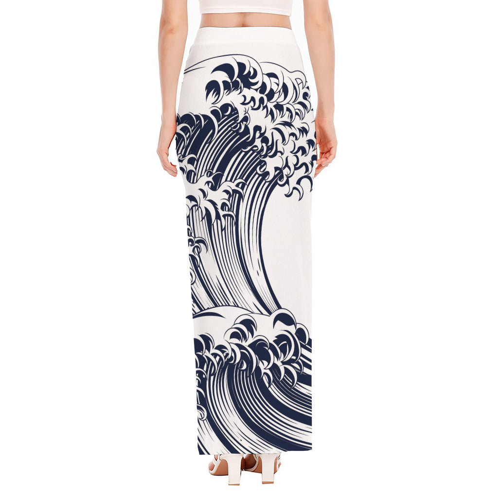 Japanese Kanagawa Wave Print High Slit Maxi Skirt