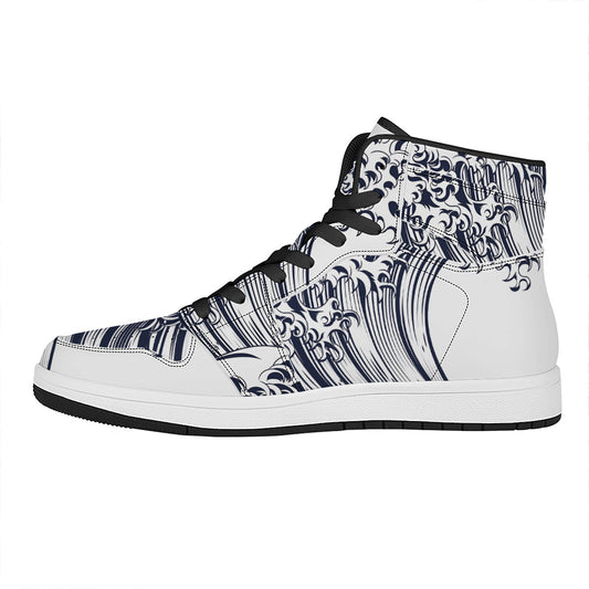 Japanese Kanagawa Wave Print High Top Leather Sneakers