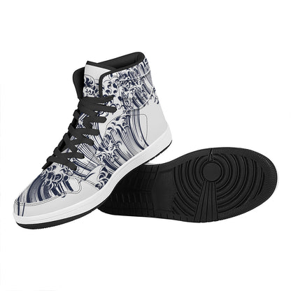 Japanese Kanagawa Wave Print High Top Leather Sneakers