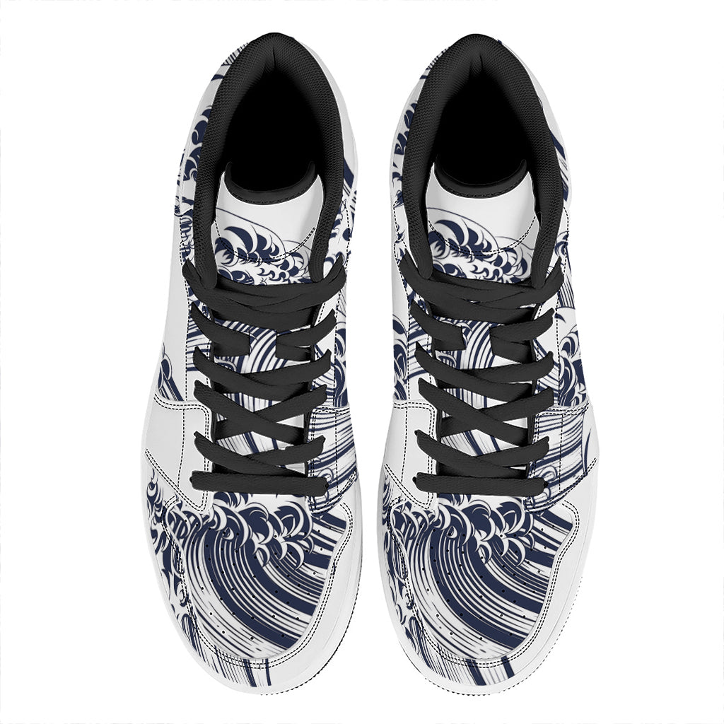 Japanese Kanagawa Wave Print High Top Leather Sneakers