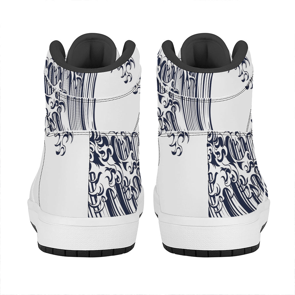 Japanese Kanagawa Wave Print High Top Leather Sneakers