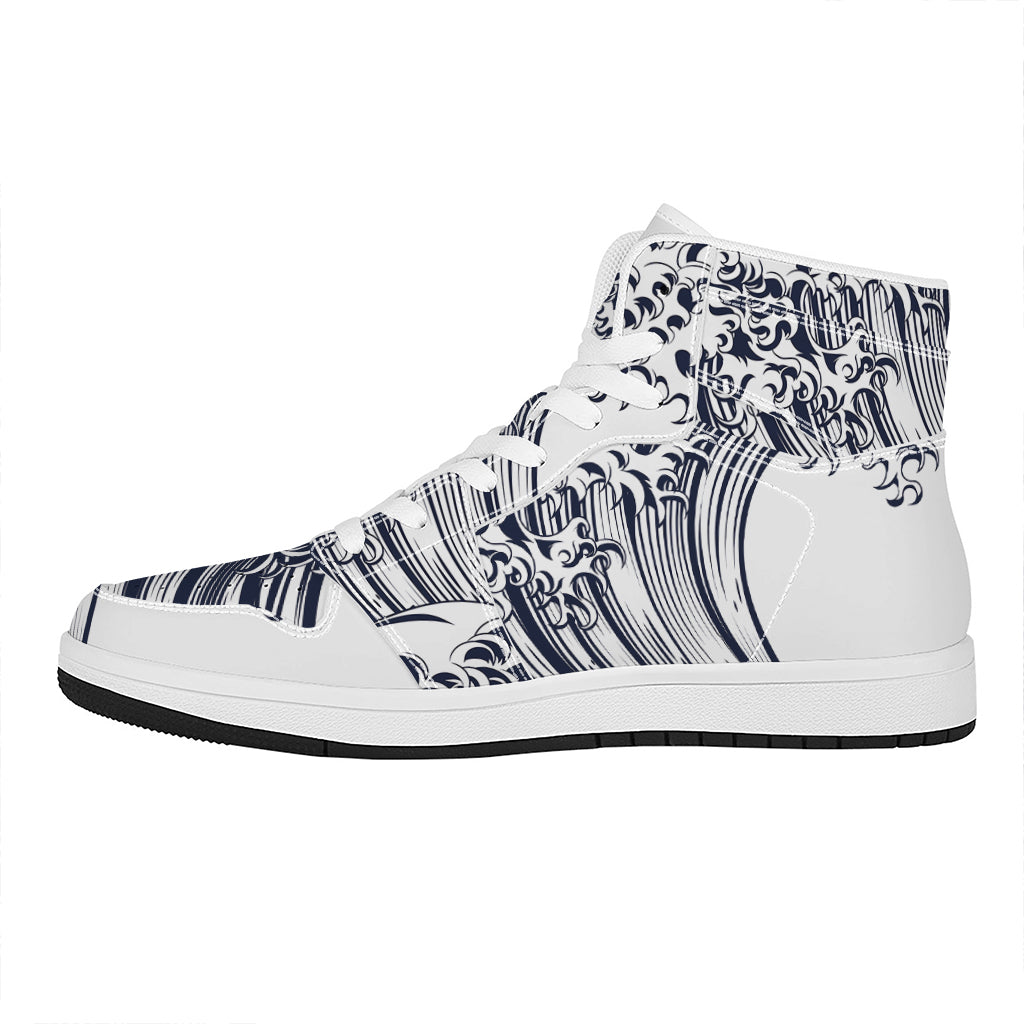 Japanese Kanagawa Wave Print High Top Leather Sneakers