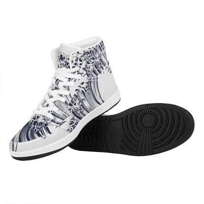 Japanese Kanagawa Wave Print High Top Leather Sneakers