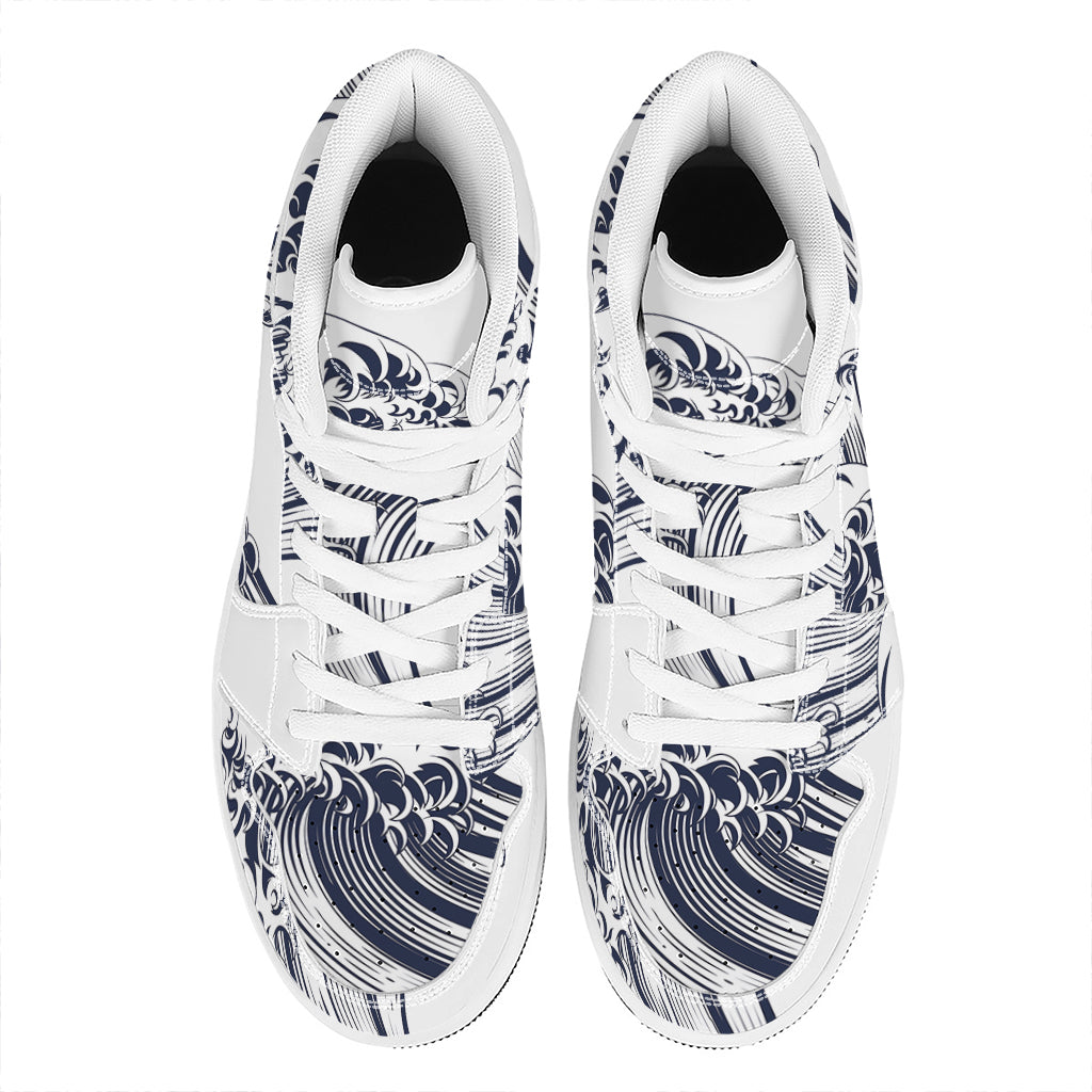 Japanese Kanagawa Wave Print High Top Leather Sneakers