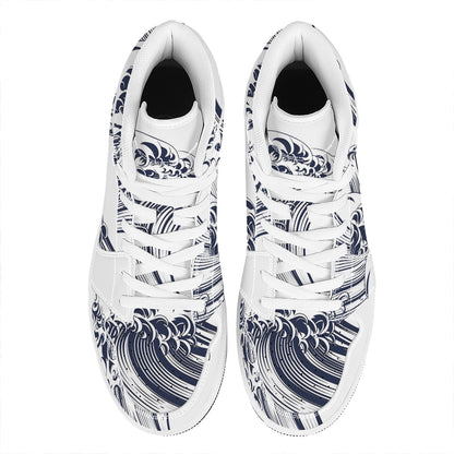 Japanese Kanagawa Wave Print High Top Leather Sneakers
