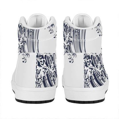Japanese Kanagawa Wave Print High Top Leather Sneakers
