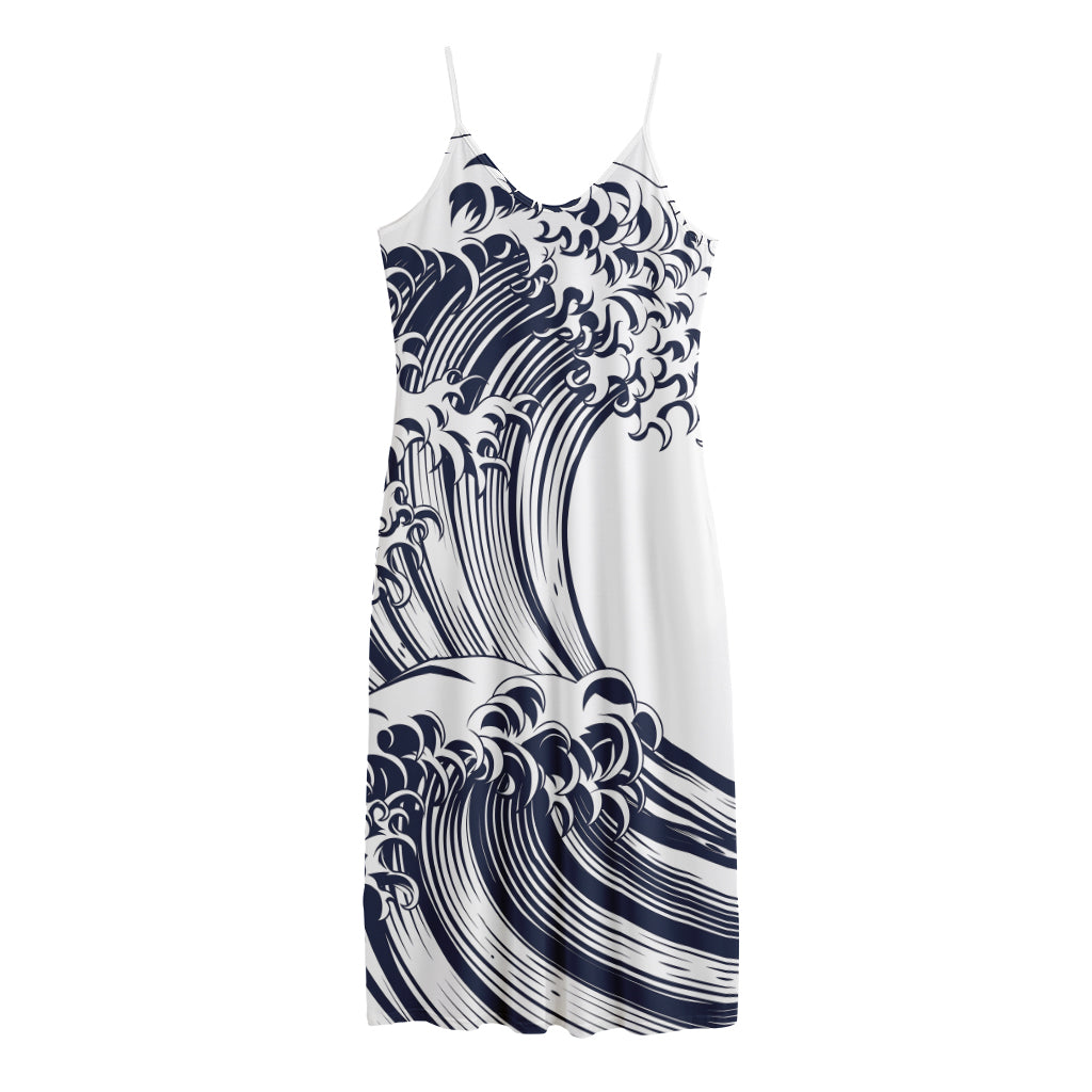 Japanese Kanagawa Wave Print Jersey Midi Cami Dress