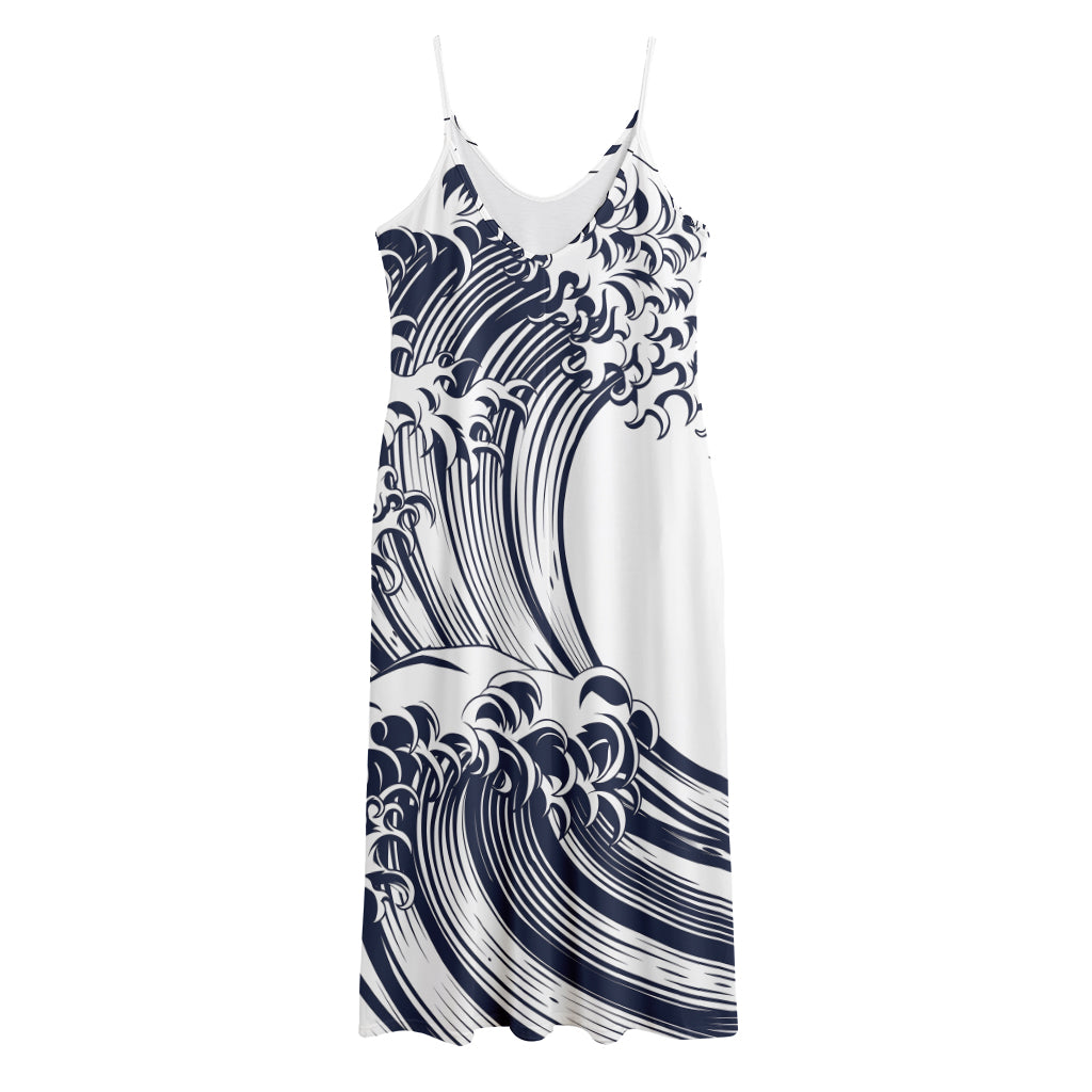 Japanese Kanagawa Wave Print Jersey Midi Cami Dress