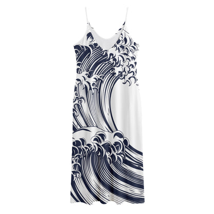 Japanese Kanagawa Wave Print Jersey Midi Cami Dress