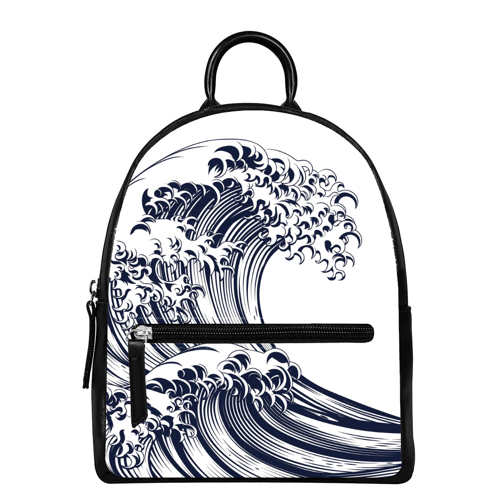 Japanese Kanagawa Wave Print Leather Backpack