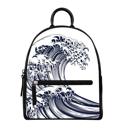 Japanese Kanagawa Wave Print Leather Backpack