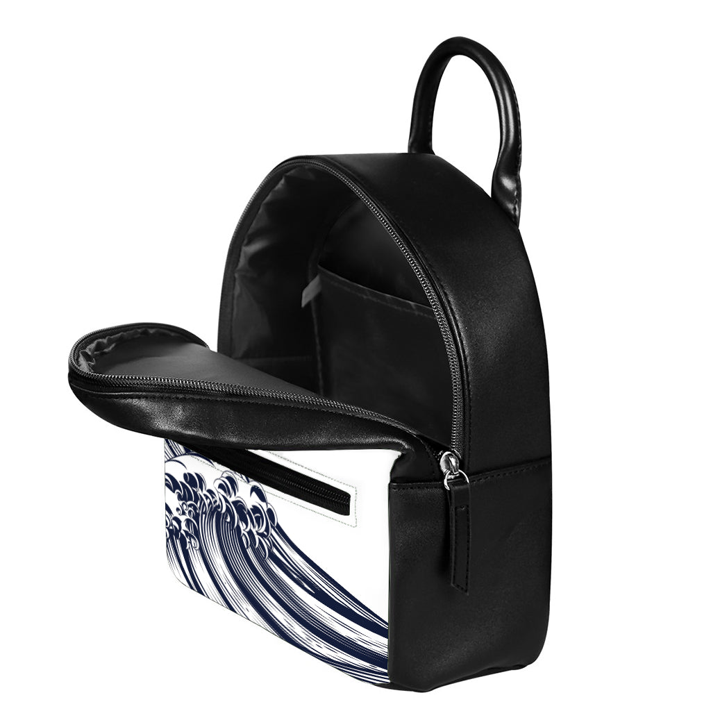 Japanese Kanagawa Wave Print Leather Backpack