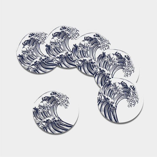 Japanese Kanagawa Wave Print Leather Coaster Set