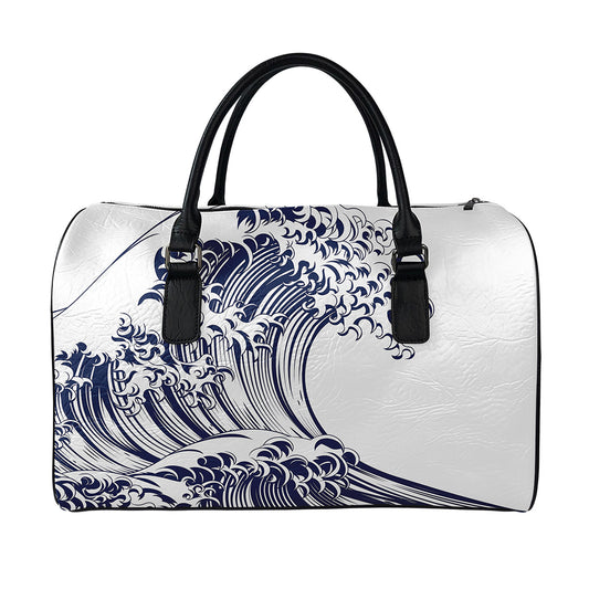 Japanese Kanagawa Wave Print Leather Duffle Bag