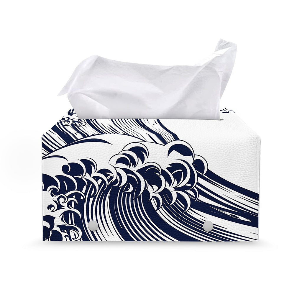 Japanese Kanagawa Wave Print Leather Tissue Box Cover