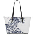 Japanese Kanagawa Wave Print Leather Tote Bag With Zipper
