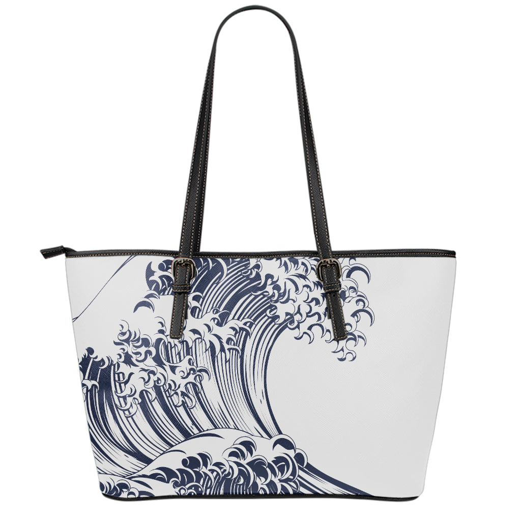 Japanese Kanagawa Wave Print Leather Tote Bag