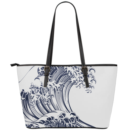 Japanese Kanagawa Wave Print Leather Tote Bag