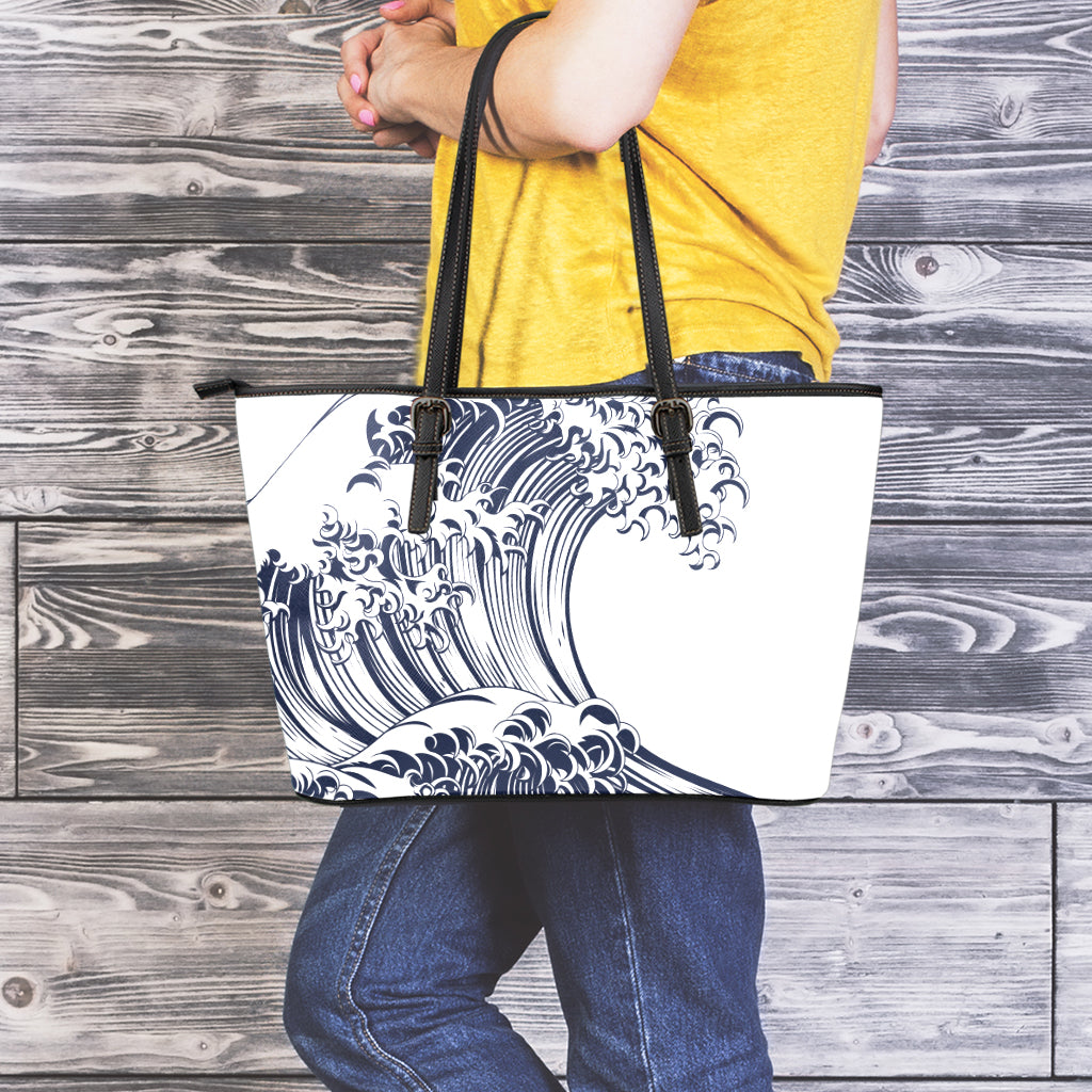 Japanese Kanagawa Wave Print Leather Tote Bag