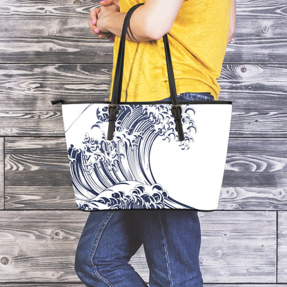 Japanese Kanagawa Wave Print Leather Tote Bag
