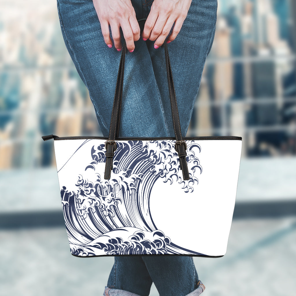 Japanese Kanagawa Wave Print Leather Tote Bag