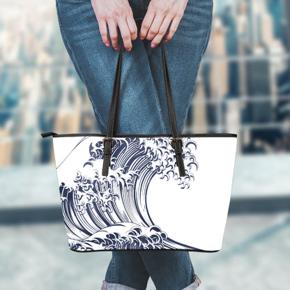 Japanese Kanagawa Wave Print Leather Tote Bag