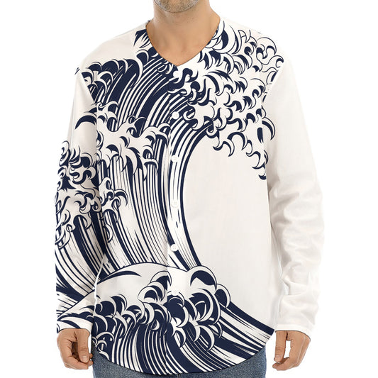 Japanese Kanagawa Wave Print Long Sleeve Baseball Jersey