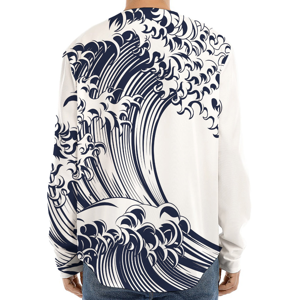 Japanese Kanagawa Wave Print Long Sleeve Baseball Jersey