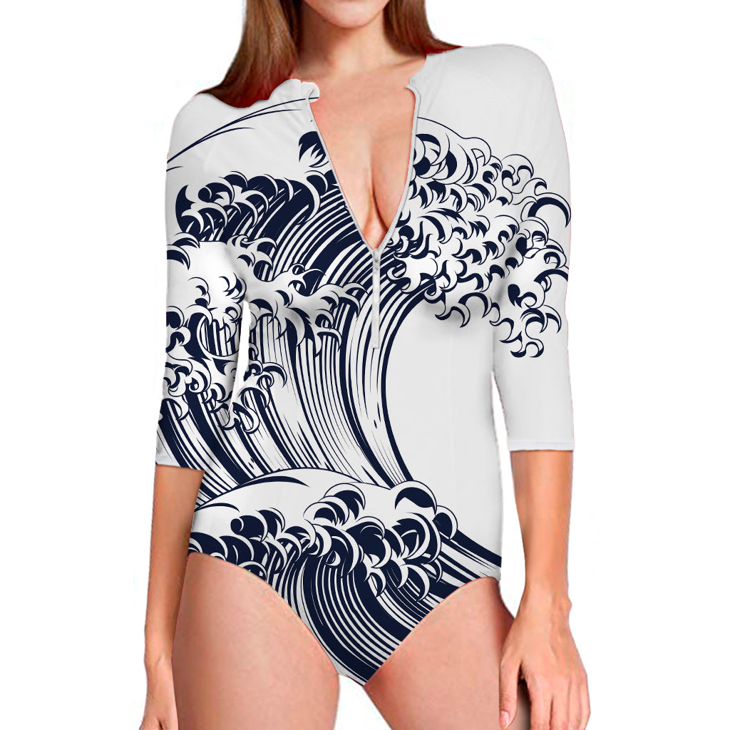 Japanese Kanagawa Wave Print Long Sleeve Swimsuit