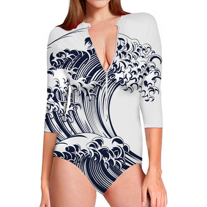 Japanese Kanagawa Wave Print Long Sleeve Swimsuit