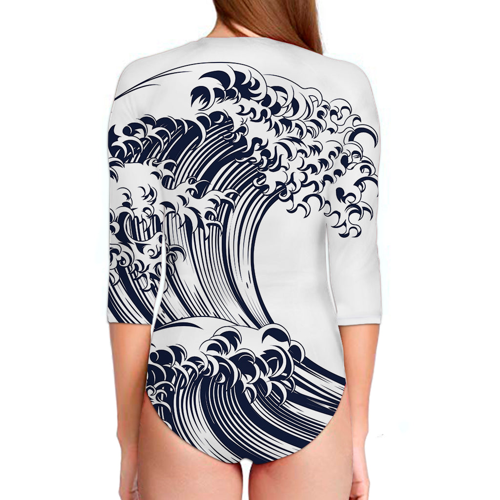 Japanese Kanagawa Wave Print Long Sleeve Swimsuit