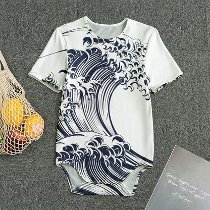 Japanese Kanagawa Wave Print Men's Bodysuit