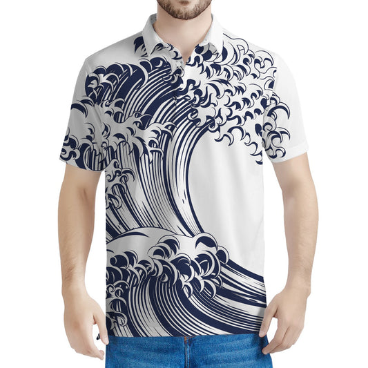 Japanese Kanagawa Wave Print Men's Polo Shirt
