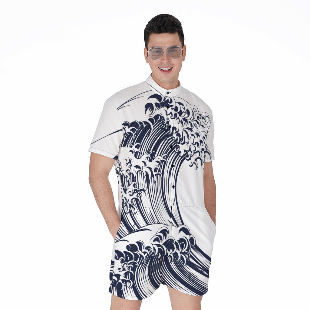 Japanese Kanagawa Wave Print Men's Rompers