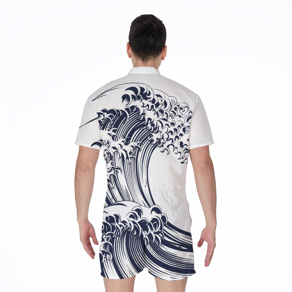 Japanese Kanagawa Wave Print Men's Rompers