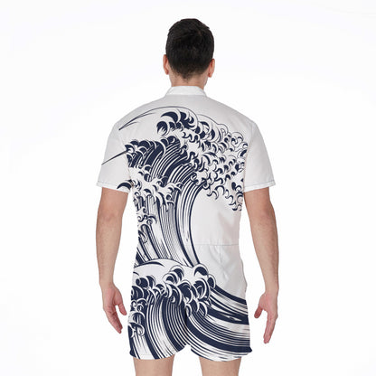 Japanese Kanagawa Wave Print Men's Rompers