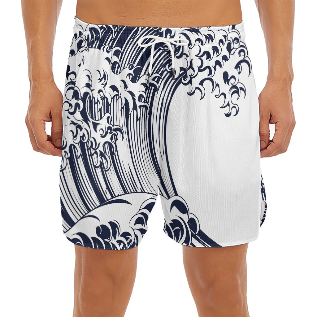 Japanese Kanagawa Wave Print Men's Split Running Shorts
