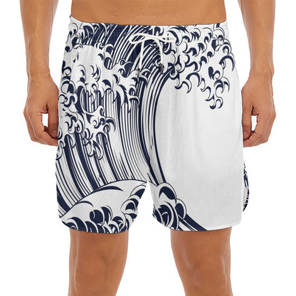 Japanese Kanagawa Wave Print Men's Split Running Shorts