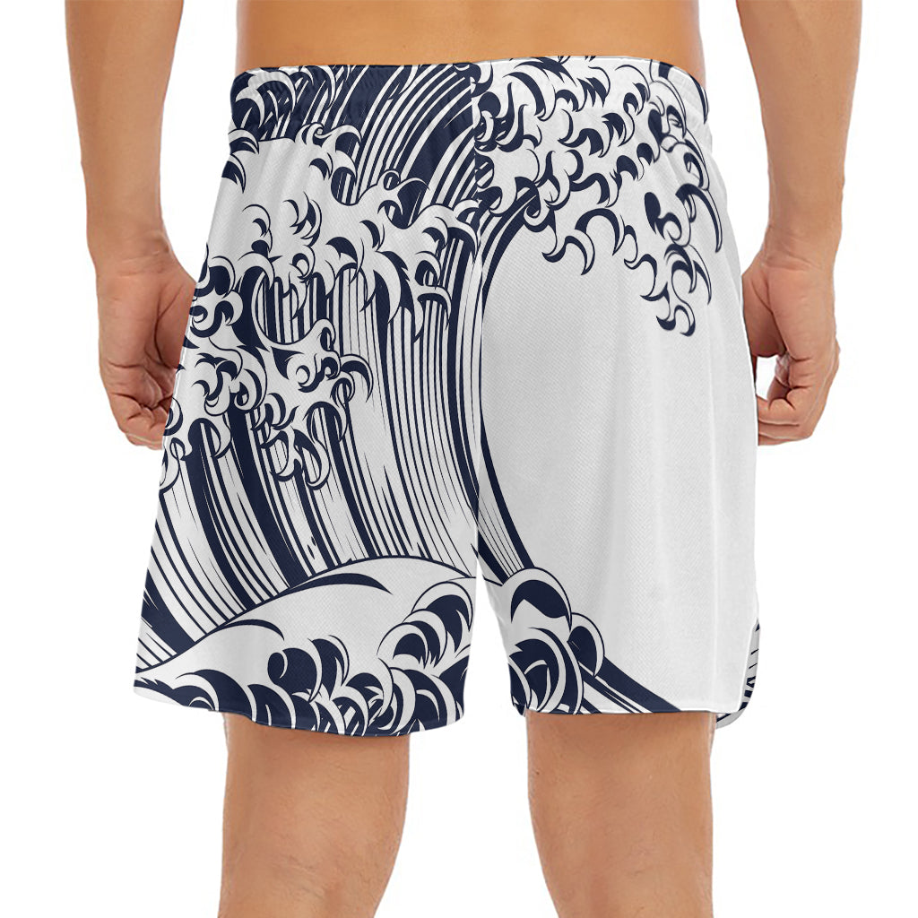Japanese Kanagawa Wave Print Men's Split Running Shorts